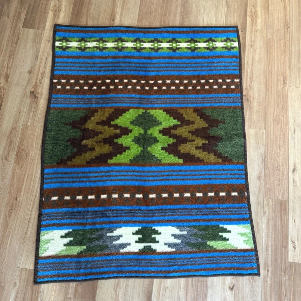 Vintage Biederlack Southwestern Aztec Geometric Blanket Blue Green West Germany